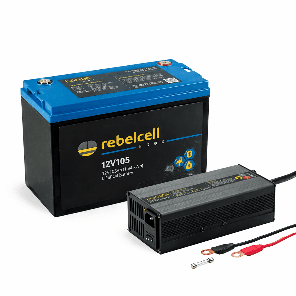 12V105 EDGE LiFePO4 battery with 14.6V20A LiFePO4 charger